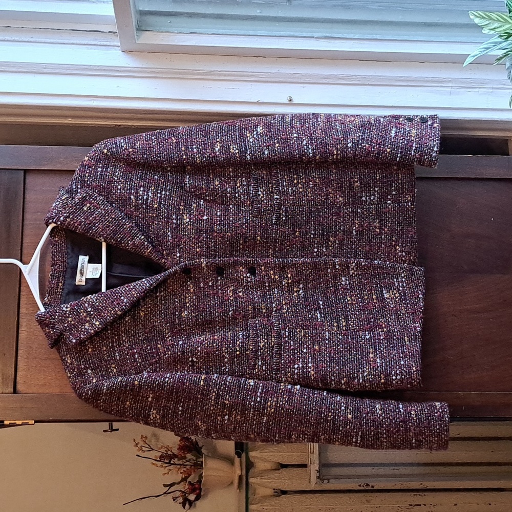 Barry Bricken woman's size 8 vintage burgundy and mustard specks tweed blazer